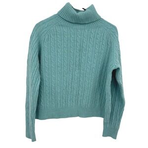 Lambswool Cable Knit Turtleneck Sweater L Teal Cozy Classic Minimalist Old Money